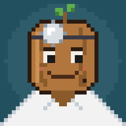 A buddy's face: carved wood, a head mirror and a sprout on top, in pixel art