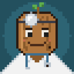 Doctor Wood: a pixel-art wooden face with a head mirror, a green sprout on top and a white coat