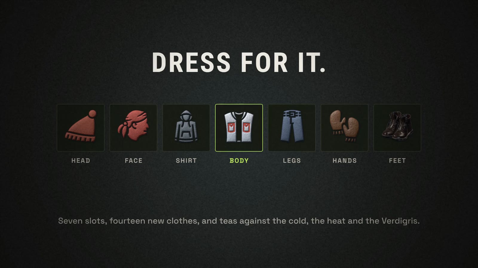 Seven clothing slots, head to feet