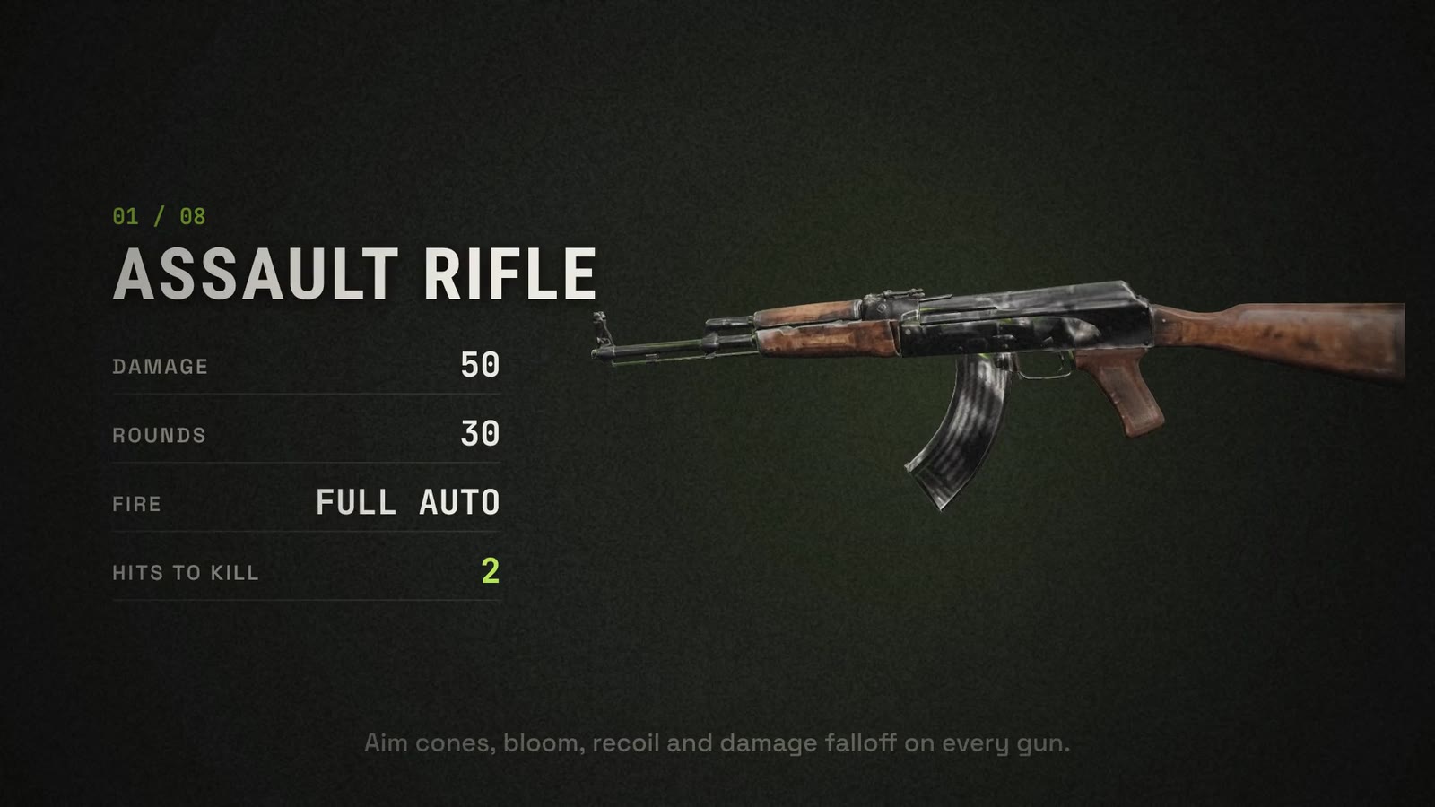 The Assault Rifle's card from the trailer: 50 damage, 30 rounds, full auto