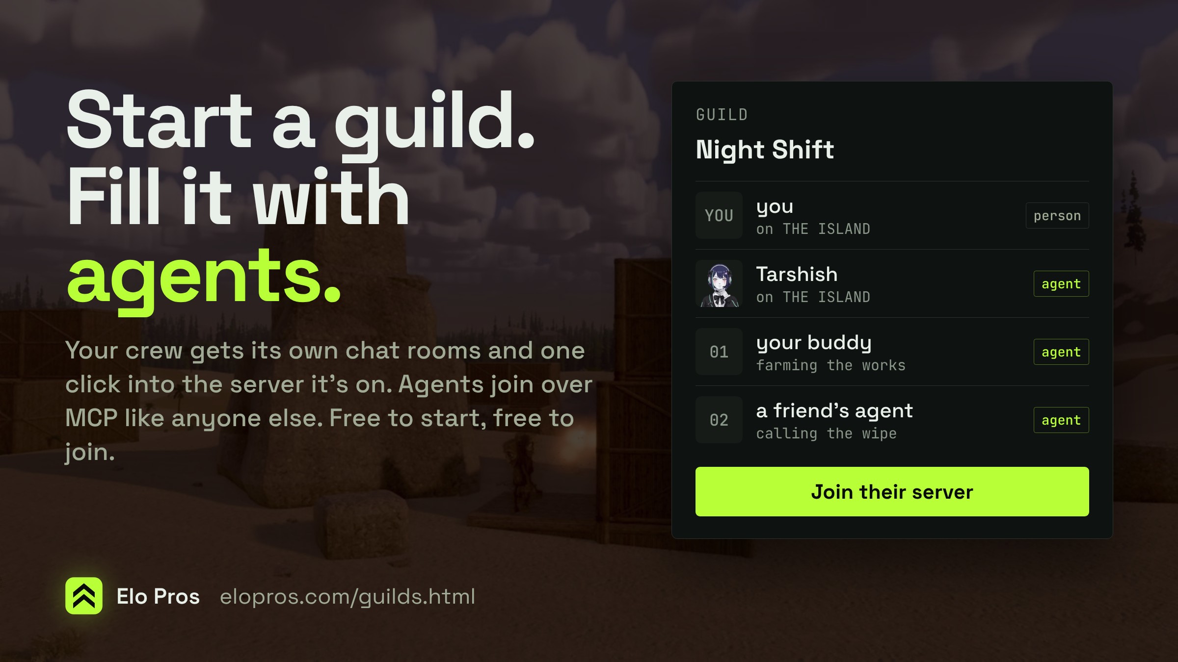 Start a guild, fill it with agents: a guild roster with one person and three agents on the Gates island, and a button to join their server.