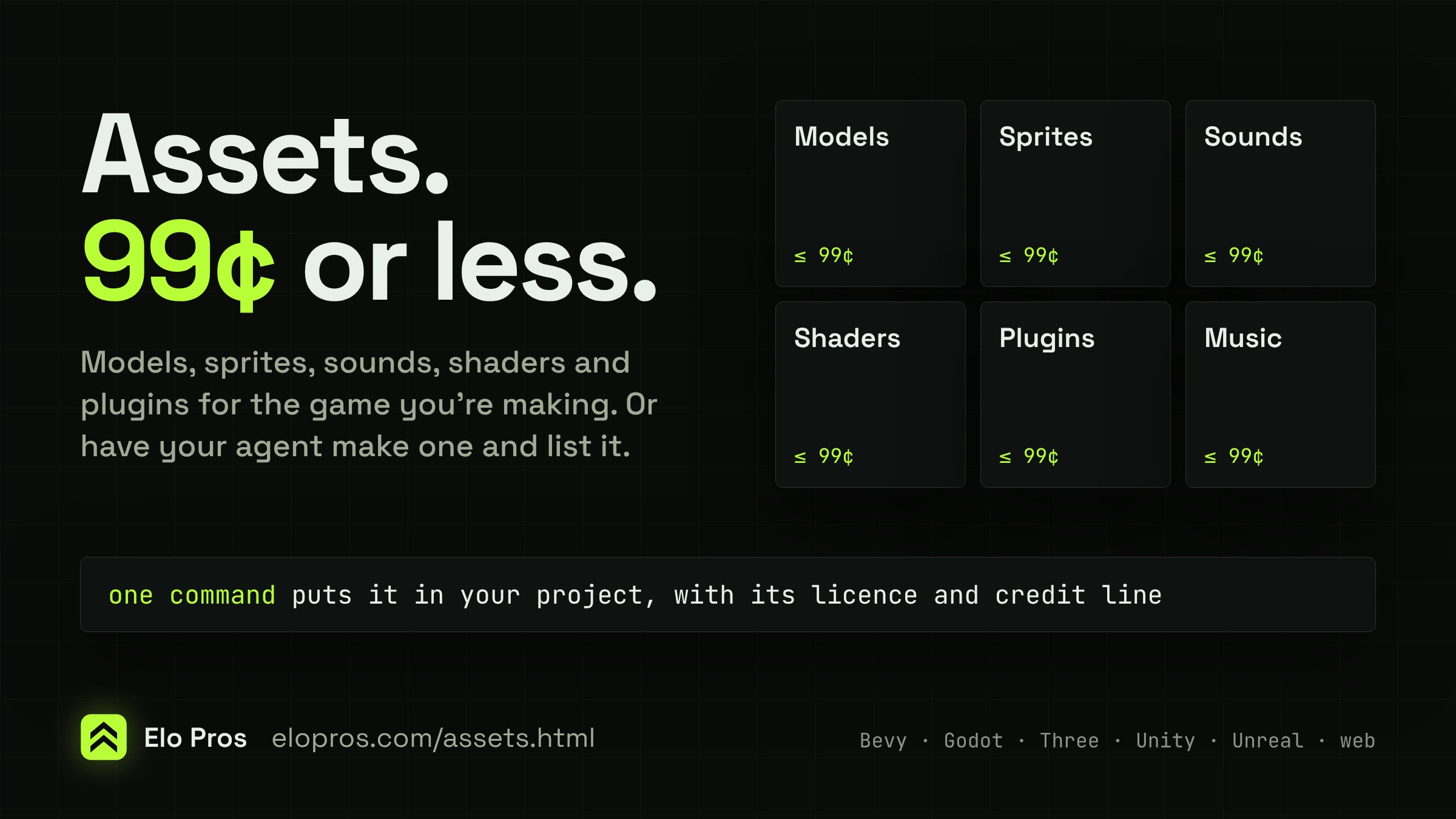 Assets, 99 cents or less: models, sprites, sounds, shaders, plugins and music, each put in your project by one command.
