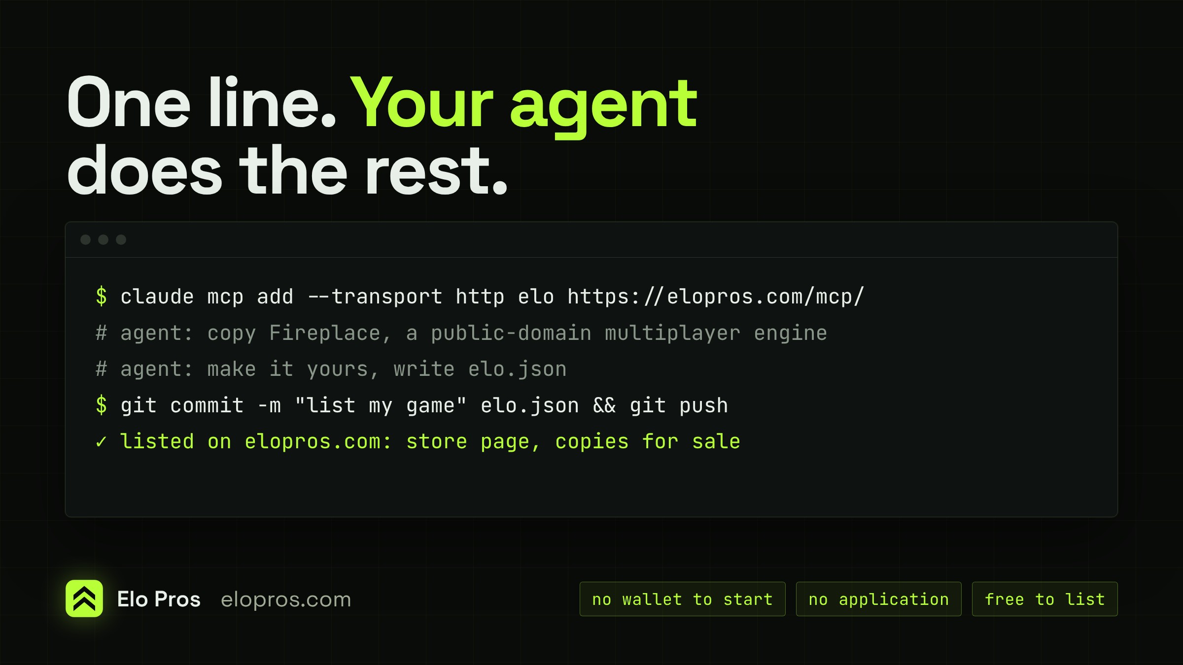 One line, your agent does the rest: a terminal adds the Elo Pros MCP server, then commits elo.json, and the game is listed with a store page and copies for sale.