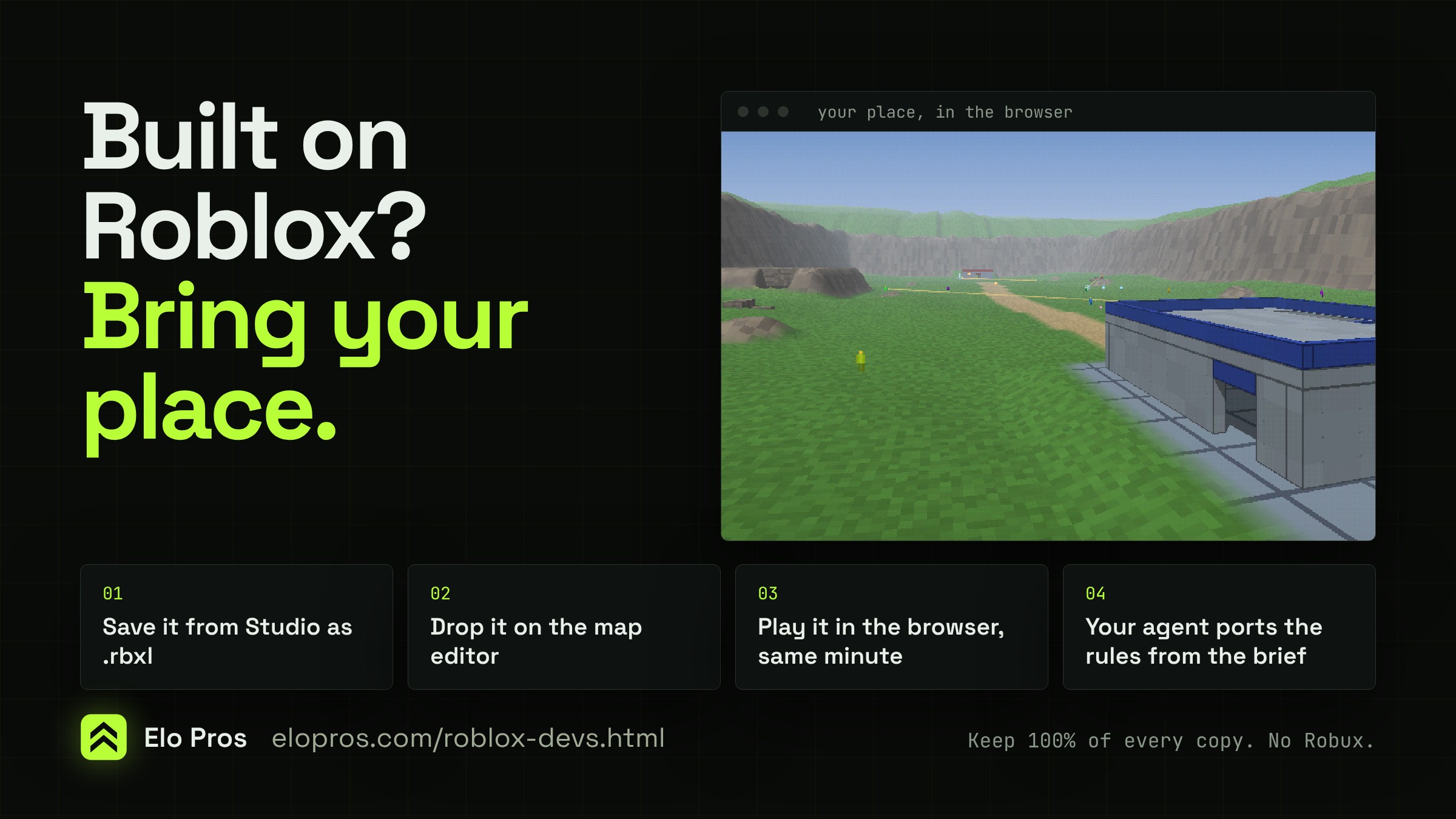 Built on Roblox, bring your place: a blocky canyon map running in a browser window, and four steps from saving the .rbxl to an agent porting the rules.