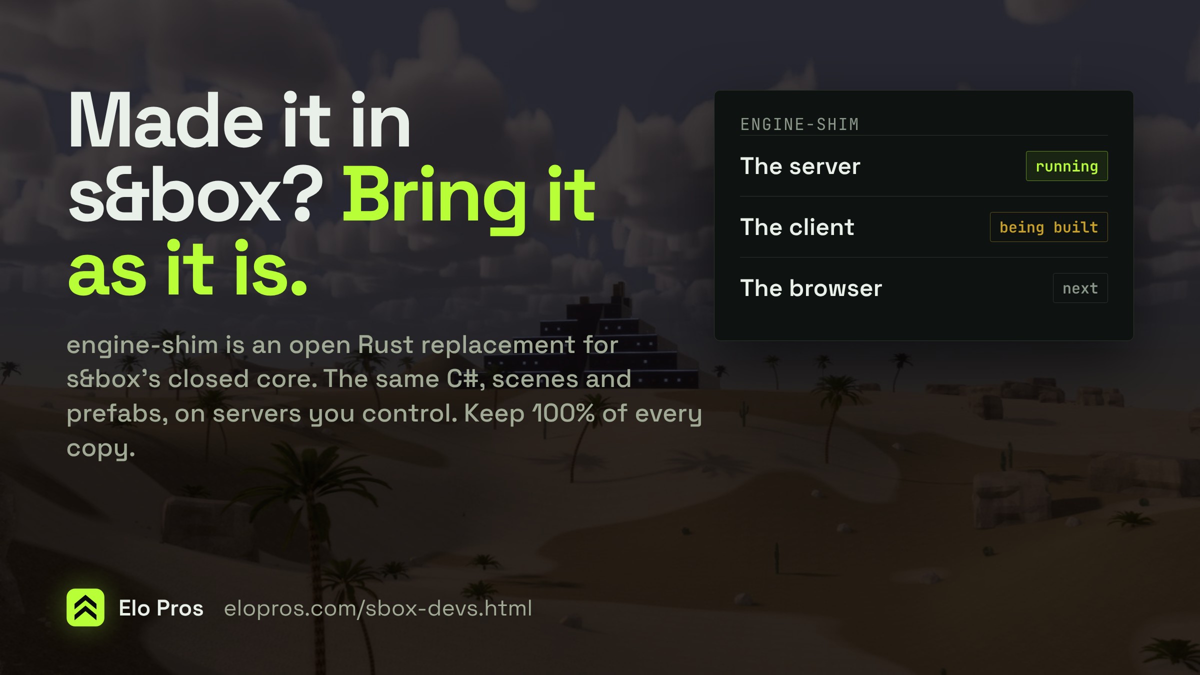 Made it in s&box, bring it as it is: engine-shim's server is running, its client is being built, and the browser comes next.